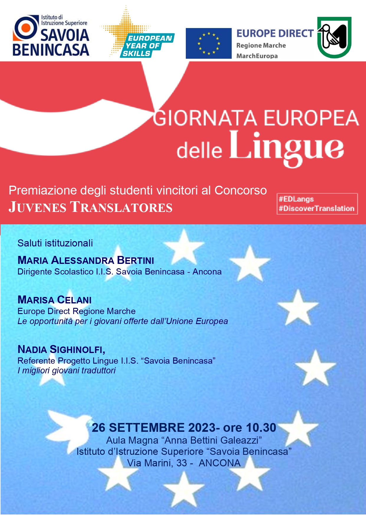 DOMANI SI CELEBRA LA GIORNATA EUROPEA DELLE LINGUE. IN PROGRAMMA INTERVENTI E LA PREMIAZIONE DEI JUVENES TRANSLATORES